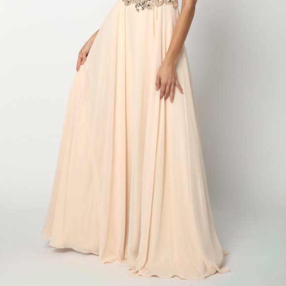 NEW FLOOR LENGTH A-LINE POLYESTER DRESS EMBROIDERED WITH RHINESTONES JT 657 - Picture 5 of 8